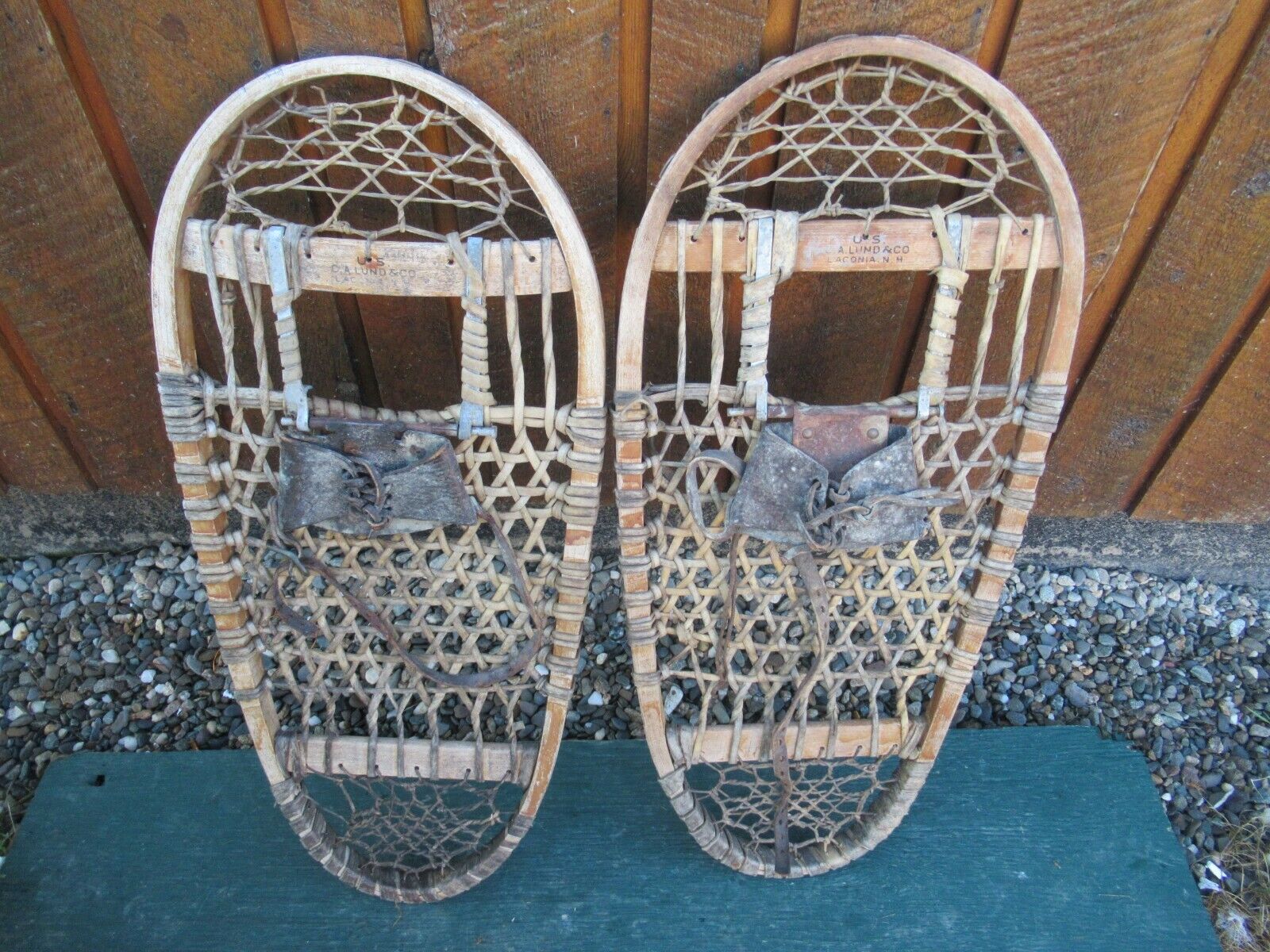 Great Vintage Snowshoes 29" Long X 12" Sign Us Lundy Laconia Nh Great Decoration