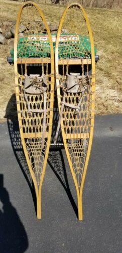Vtg Faber Snow Shoes Leather Bindings Wood 10” X 56 W/ Bindings Show Little Use